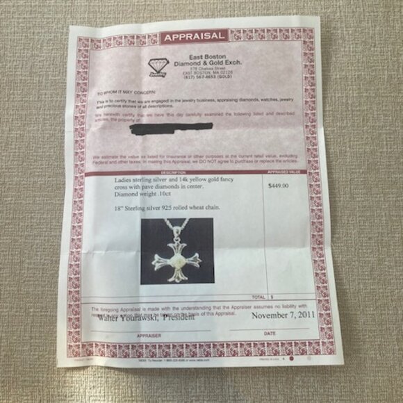 Sterling Silver and 14k yellow gold fancy cross with pave diamonds in center. - Picture 3 of 6